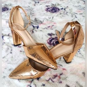 Metallic Gold Snake-Skin Pattern Strap Heels